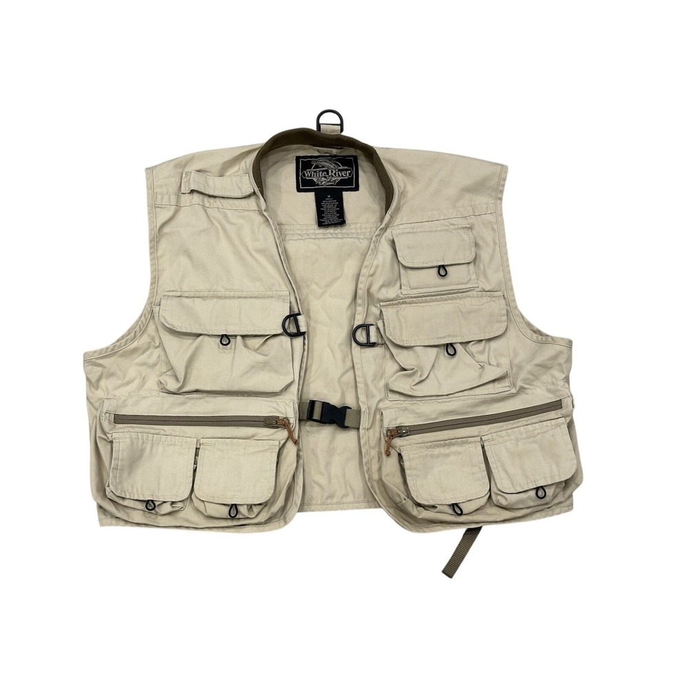White River Fly Shop Adult Fishing Vest Khaki Utility Pockets Size‎ Medium EUC